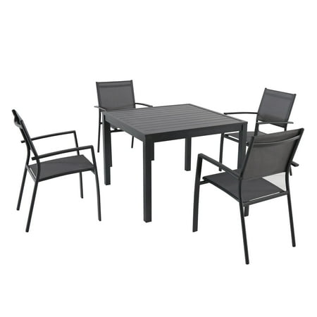 Hanover Naples 5-Piece Square Outdoor Dining Set Aluminum Patio Table and Chairs Set for 4 Modern Rust-Resistant Material with Stylish Gray Fabric and Matte Black Frames NAPLESDN5PCSQ-GRAY