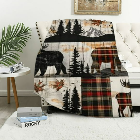 Autua Bear Moose Plaid Warm Lightweight Blanket Soft Fleece Blankets for All Seasons - Ideal Gifts for Living Rooms, Sofa Decor, and Cow Lovers 40x50in