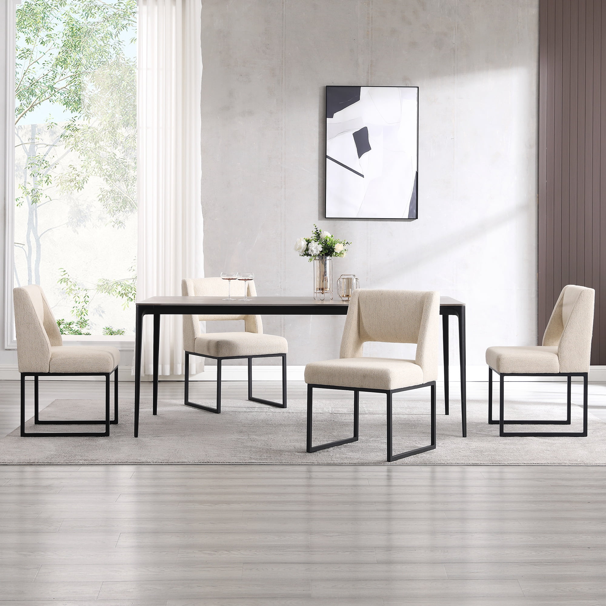 Zesthouse 18.3" Modern Dining Chairs Set of 4, Linen Fabric Dining Room Chairs with High Back and Metal Legs, Armless Upholstered Side Chair for Dining Room Kitchen, Beige
