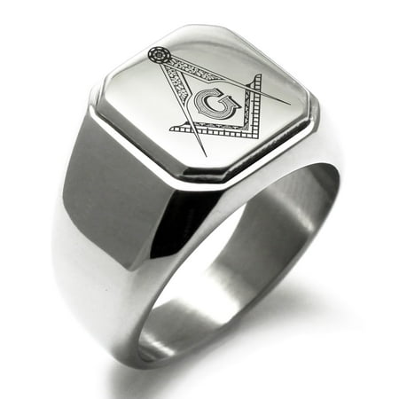 - Stainless Steel Freemasons Masonic Floral Compass Engraved Square Flat Top Biker Style Polished Signet Ring