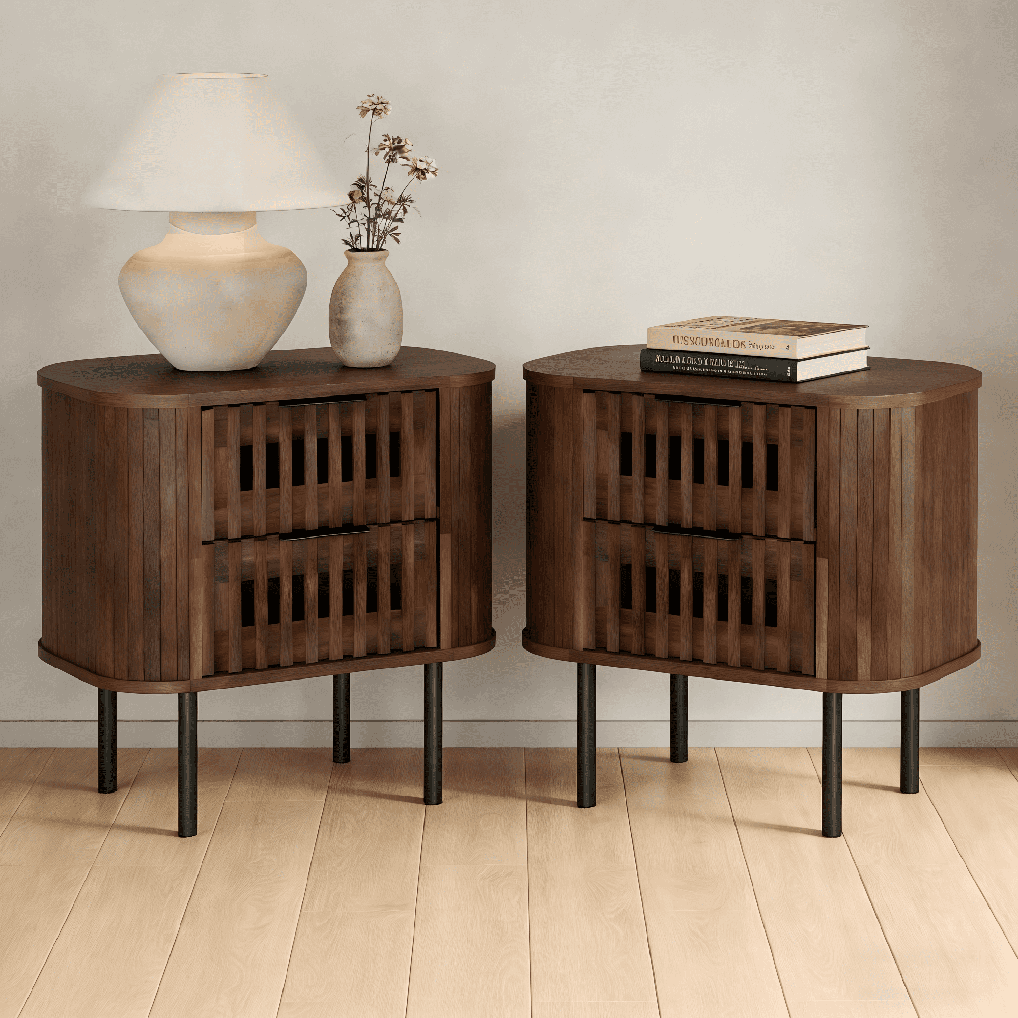 WAMPAT Set of 2 Fluted End Table with Storage, Modern Storage Nightstand with 2 Drawers for Living Room & Bedroom, Wooden Side Table, Walnut