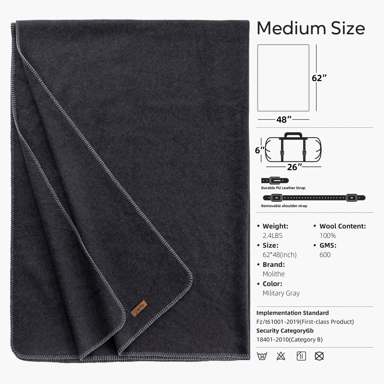 100% Wool Blanket, 62" x 48", Warm, Thick, Washable, Military Wool Blanket, Great for Camping, Outdoors, Sporting Events, Survival Kits
