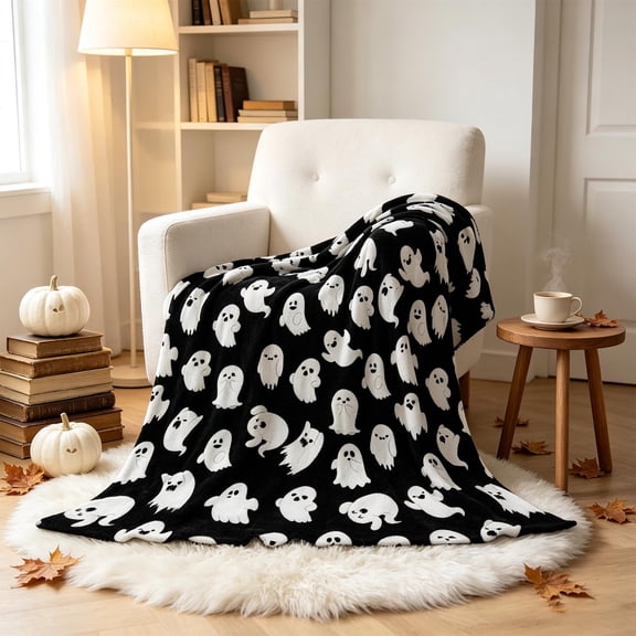 Sahpxhe Halloween Cute Ghost Print Flannel Blanket,Spooky Nap Blanket Soft Warm Decorative Throw for Sofa Bed Living Room Holiday Party Ornament,39.37x27.56in Black