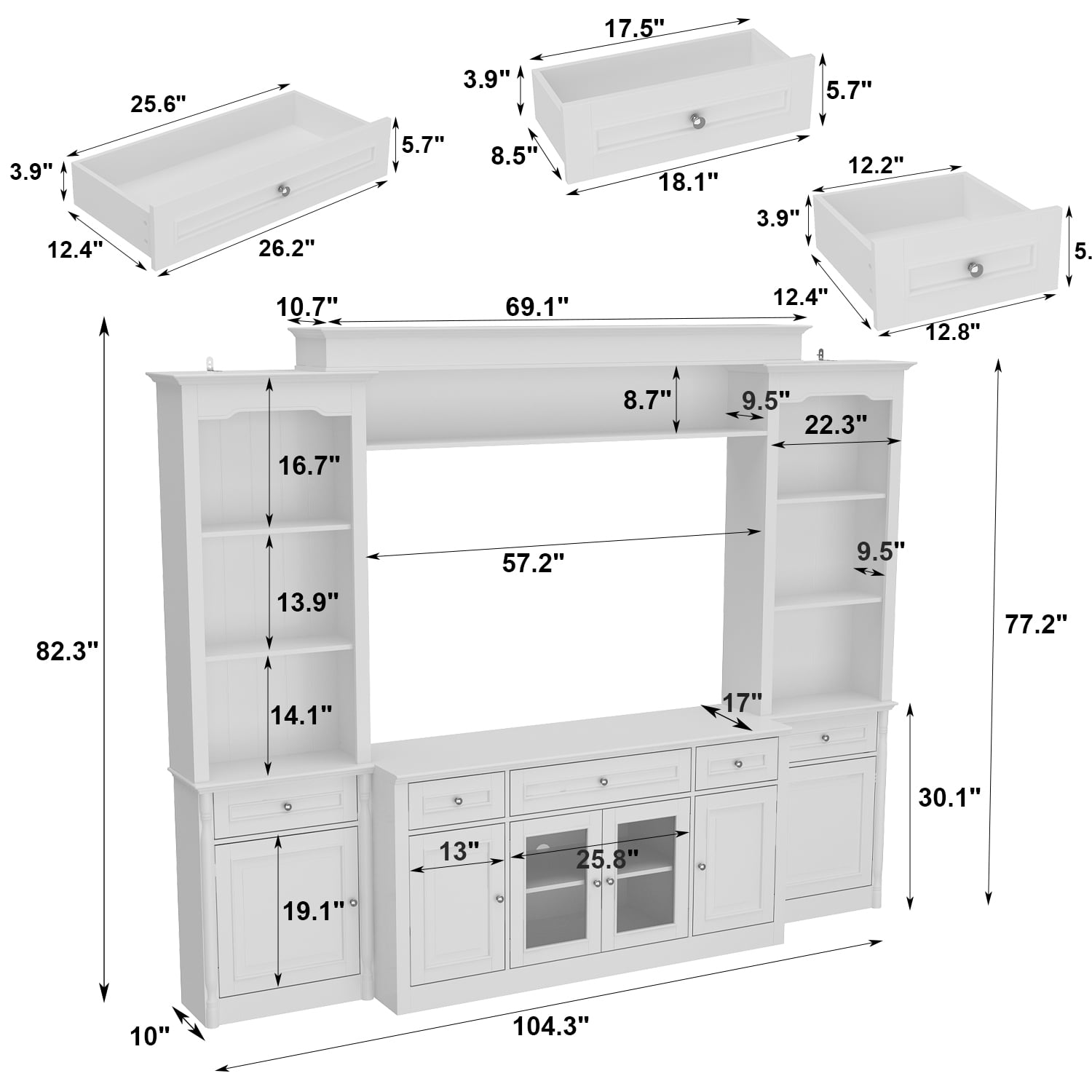 KULAGAGA  104.3"W 4-Piece Entertainment Center Wall Unit Set For TVs Up to 65", Modern TV Stand Large Media Console Cabinet with 13 Shelves, 5 Drawers & Countertop,White