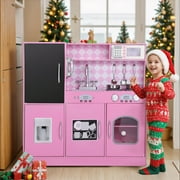 COCLUB Play Kitchen, Wooden Kids Kitchen Playset with Chalkboard, Ice Maker, Play Phone, Cookware Accessories, Microwave Toy Kitchen Gift for Boys Girls Age 3-8 Pink