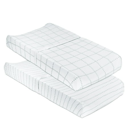 Petit Classics  2 Pack Changing Pad Cover/Cradle Sheet Set  100% Cotton  Baby Boy or Baby Girl ? Grey Dotted Stripes & Grey Grid Lines