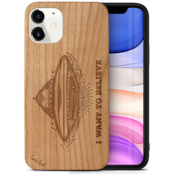 Case Yard Wooden Case Outside Soft TPU Silicone, Slim Fit Shockproof Wood Protective Phone Cover for Girls Boys Men and Women, Supports Wireless Charging I Want to Believe Design case for iPhone-11