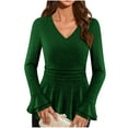 thumbnail image 3 of YanHoo Peplum Sparkle Tops for Women Long Sleeve V Neck Ruffle Hem Sequin Shirts Glitter Shimmer Dressy Blouses Evening Party Night Outfits Green,L, 3 of 8
