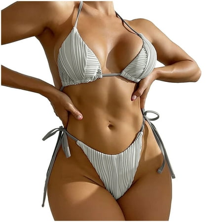 Gubotare Women Two Piece Sexy Bikini Set Halter Padded Top and Tie Thong Triangle Bikini Swimsuit Gray L
