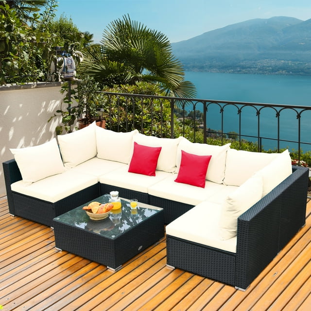 Gymax Ensemble de Mobilier Sectionnel de Conversation pour Patio en Rotin 7 Pcs avec Coussin et Oreiller