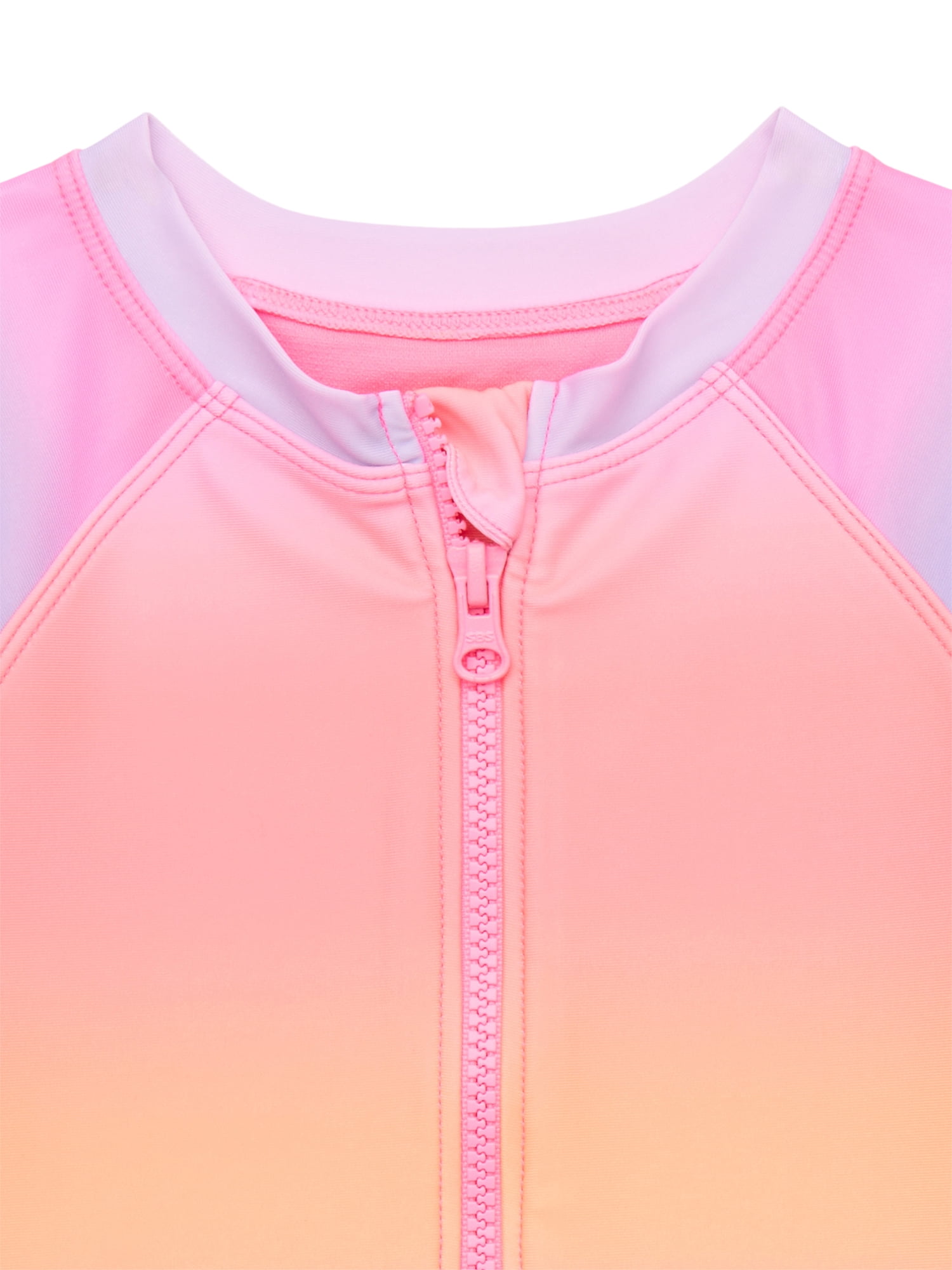 Wonder Nation Girls Short Sleeve Zip-Up Rash Guard One-Piece Swimsuit with UPF 50, Sizes 4-18 & Plus