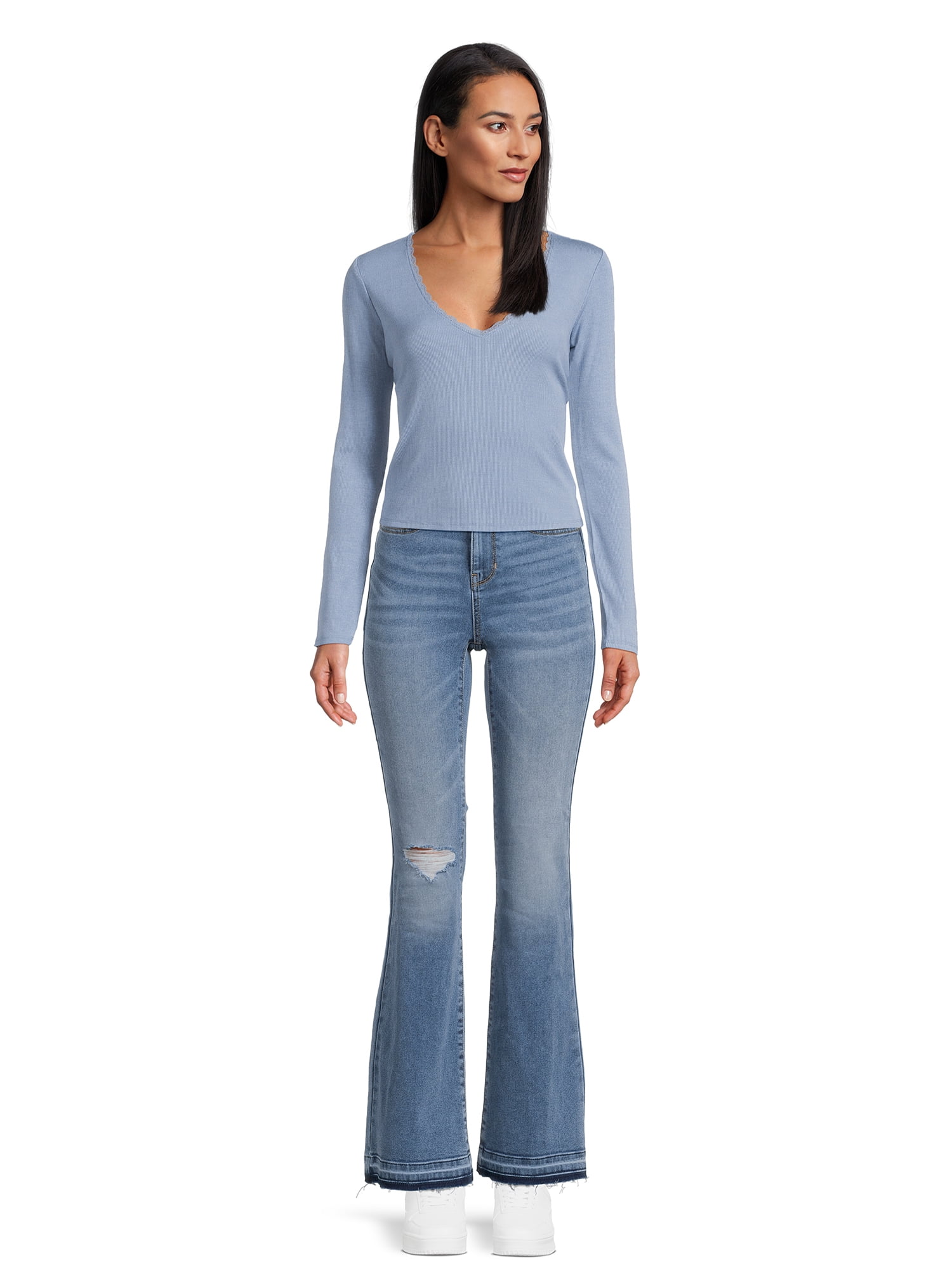 Self Esteem Juniors Lace Trim V-Neck Tee with Long Sleeves