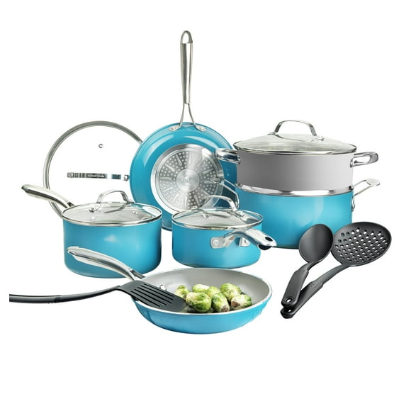 Gotham Steel Juego de ollas y sartenes de cerámica azul de 15 piezas, juego de utensilios de cocina antiadherentes, juegos de utensilios de cocina, juego de ollas y sartenes, juego de ollas, juego de