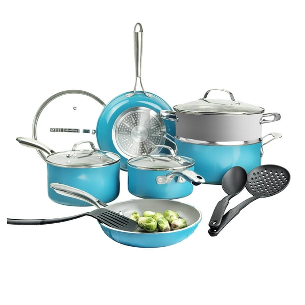 Gotham Steel Juego de ollas y sartenes de cerámica azul de 15 piezas, juego de utensilios de cocina antiadherentes, juegos de utensilios de cocina, juego de ollas y sartenes, juego de ollas, juego de