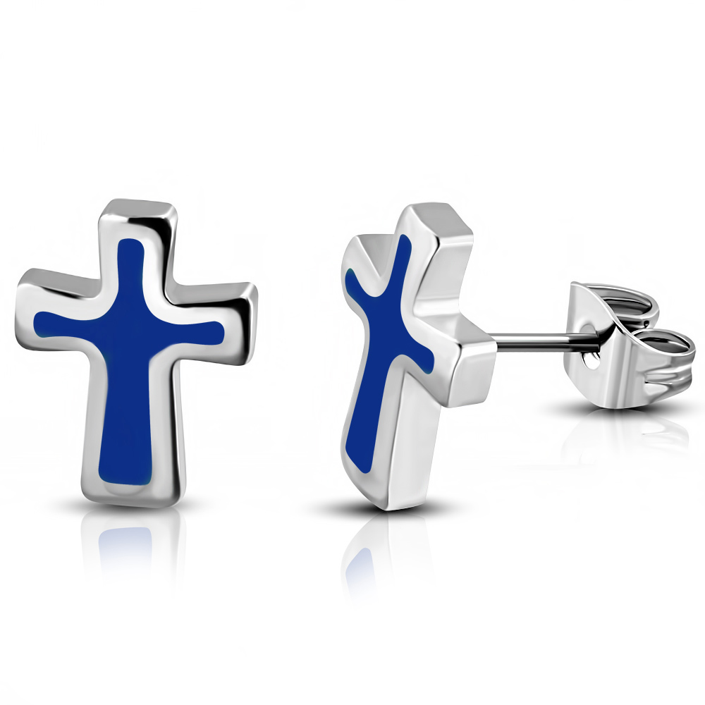 Stainless Steel SilverTone Red Blue Small Cross Religious Stud