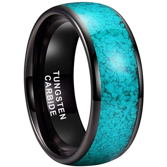 Wedding Rings For Men. 8mm Crushed Turquoise Black Tungsten Wedding Band