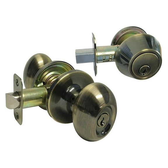 Antique Brass Entry Entrance Oval Egg Shaped Knob Handle with Matching Single Cylinder Deadbolt Combo Pack Keyed Alike 6093AB (1 Set)
