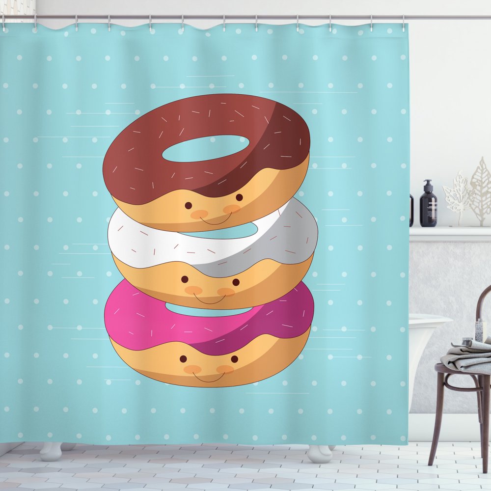 Anime Shower Curtain, Kawaii Cartoon Style Colorful Donuts with Funny and Cute Faces on Blue