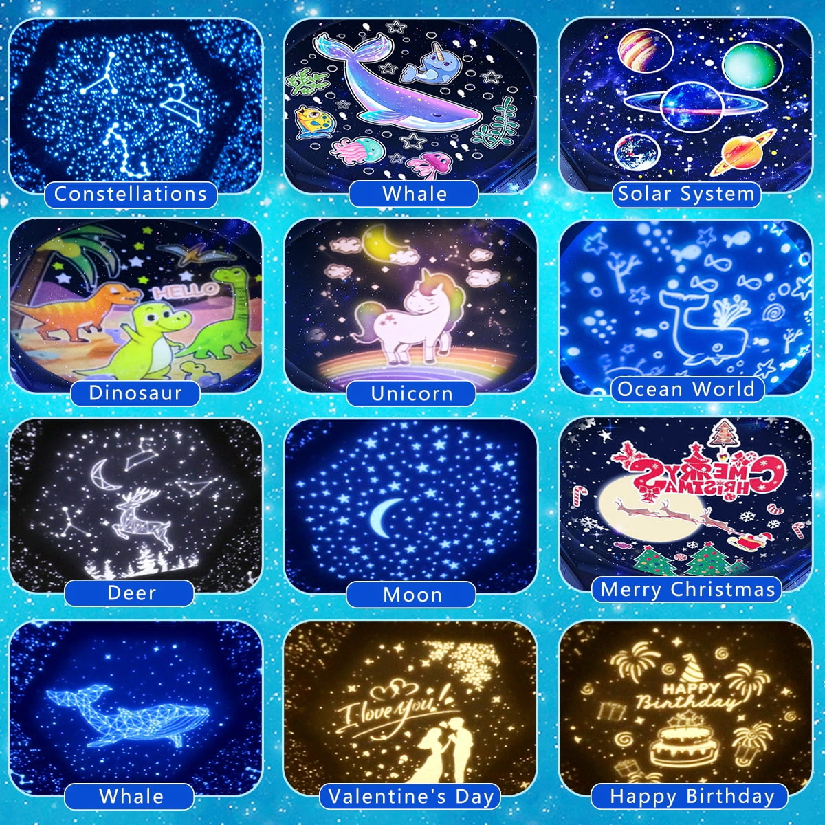 12 Sets of Films, Projector Night Light for Kids, Star Galaxy Projector for Kids Bedroom, Ceiling, Night Light for Baby Girls Boy with 360° Rotating, Birthday, Christmas, Nursery, Room Decor