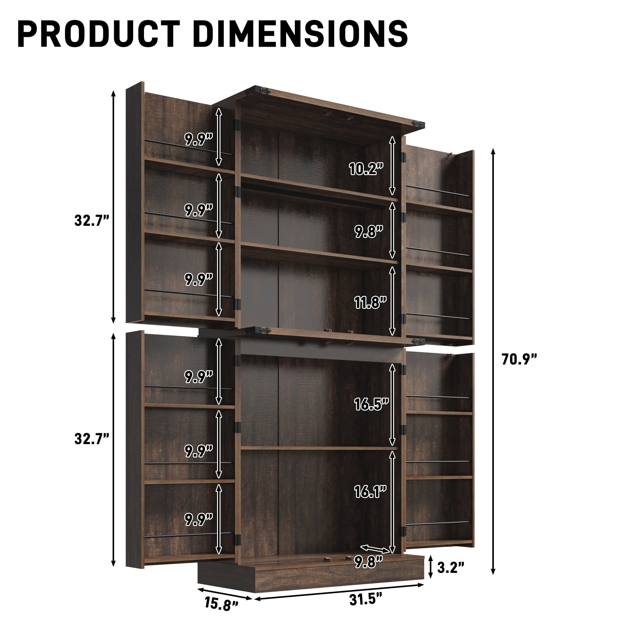 ChVans Farmhouse 71" Tall Kitchen Pantry with 12 Hanging Shelves, 4 Barn Doors Pantry Storage Cabinet with Load-Bearing Steel Pipe and Adjustable Shelves for Kitchen, Dining Room, Living Room, Brown