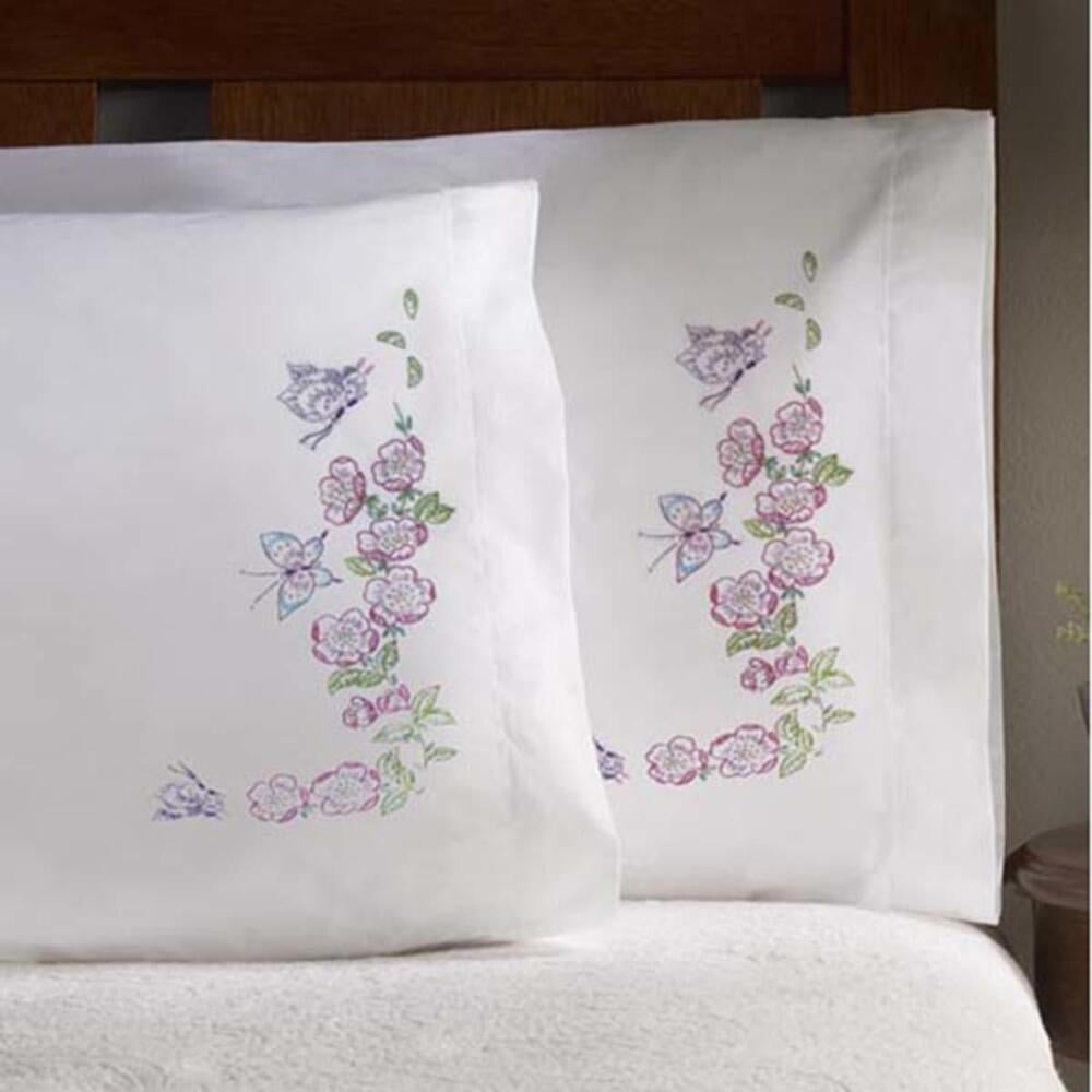 Bucilla Butterfly & Roses Pillowcase Pair Stamped Embroidery