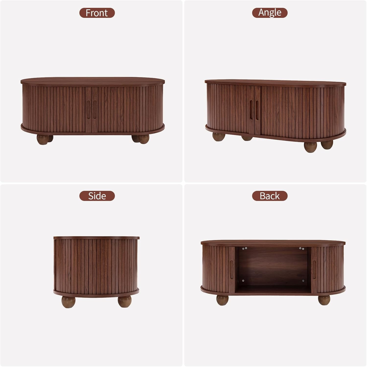 LFGUIZO 39.98” Oval Coffee Table with Hidden Storage, Mid-Century Modern Fluted Wood Coffee Table with 360° Sliding Doors, Solid Wood Legs, Walnut Center Table for Living Room
