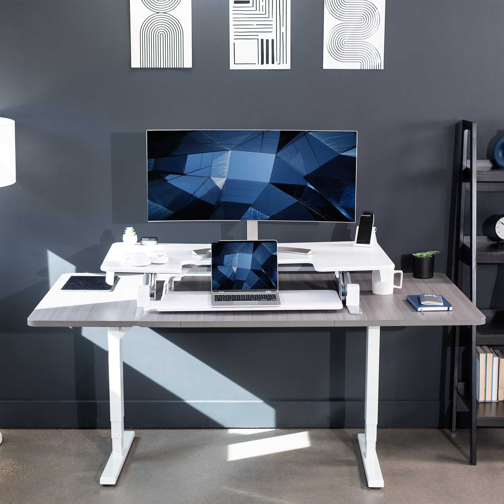 VIVO White 48" Height Adjustable Standing Desk Monitor Riser, Sit Stand Tabletop