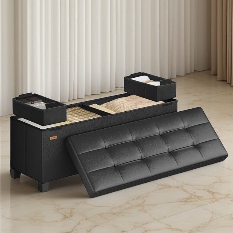 LEDREM 43-Inch Storage Ottoman Bench, 660 lb Capacity Foldable Footrest with 30 Gallon Storage, Synthetic Leather, Ink Black