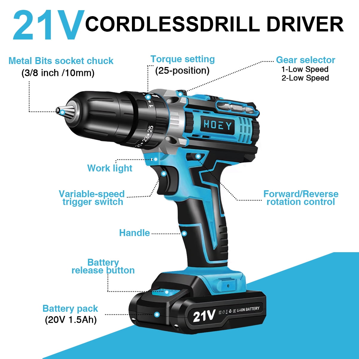 HOEY 21V Cordless Drill Set Electric Power Drill 34Pcs with 3/8 Inch Keyless Chuck 25+3
