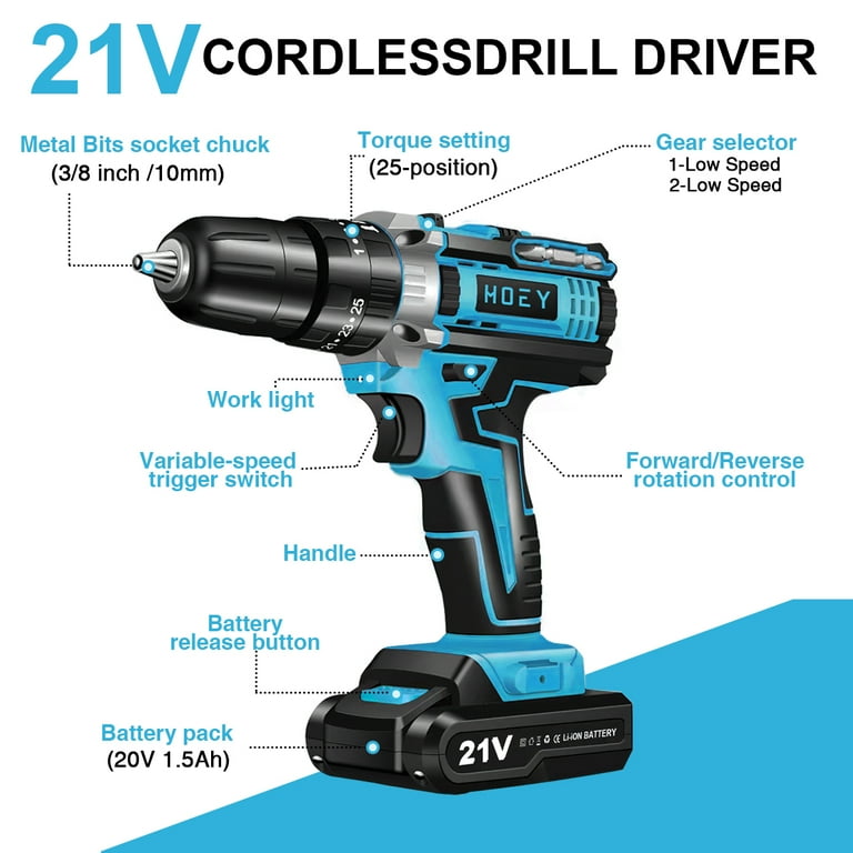 21V Cordless Drill Set 34Pcs 25 3 Clutch 2 Speed 45Nm Torque LED Light Battery Charger Walmart