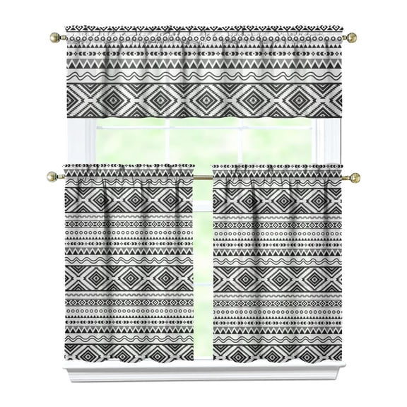 Kitchen Curtains 36 Inch Short - 3 Panel Set, Rod Pocket Window Curtain, Boho Floral Tribal Style, 100% Polyester for Farmhouse, Kitchen, Cafe, Bedroom, Easy Wash