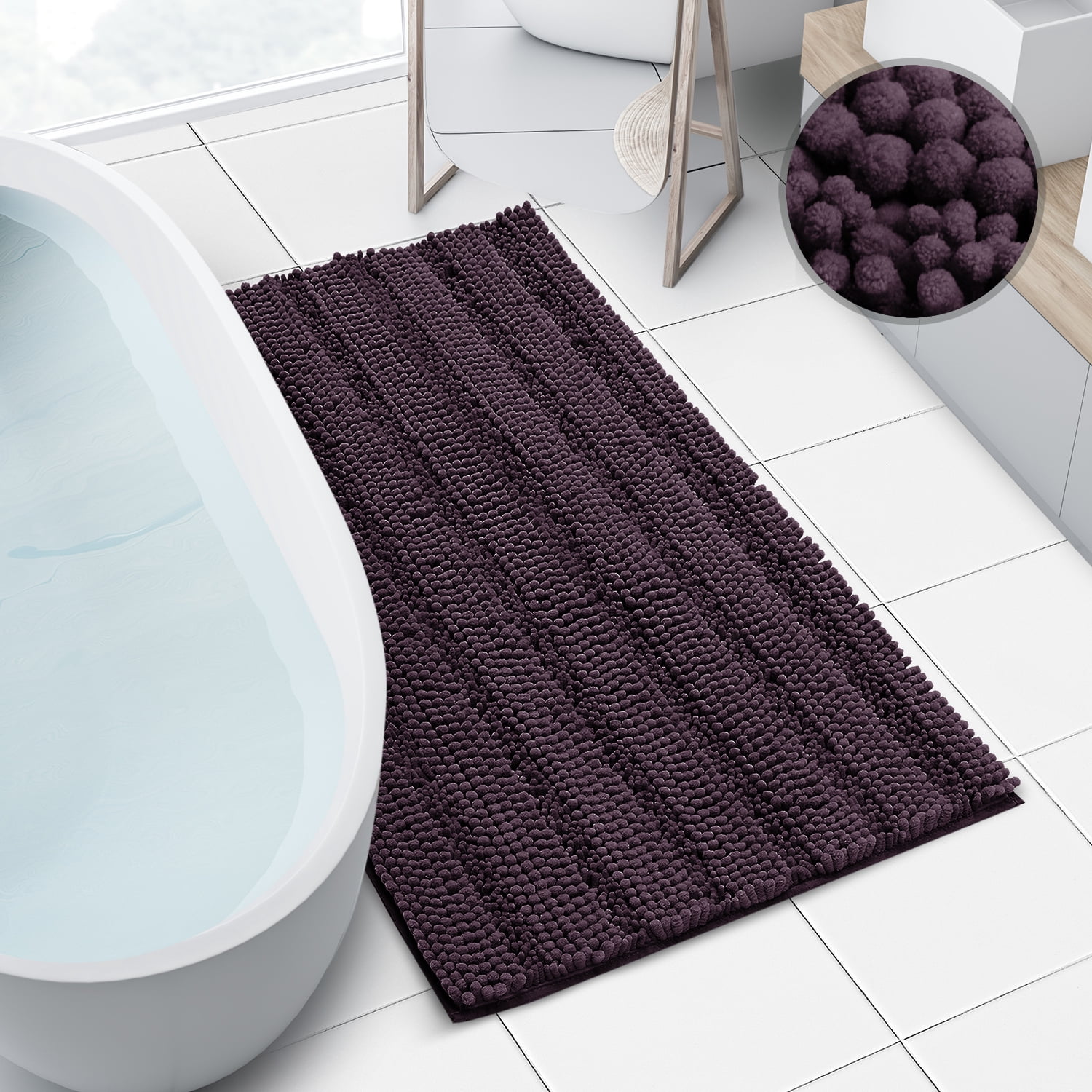 Clara Clark Chenille Super Absorbent Bath Mat - Extra Soft - Shower and Bath Room - Machine wash dry - Size Extra Large 44 x 26 - Purple