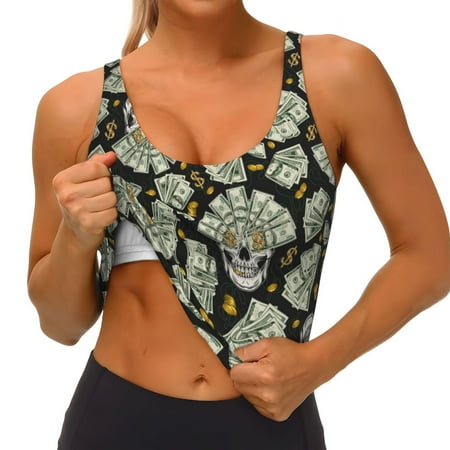 Qokaie Skull with Dollar Pattern Womens Scoop Neck Sports Bra Breathable Workout Vest Padded U Back Medium Impact Fitness Gym Yoga Bra Workout Crop Top