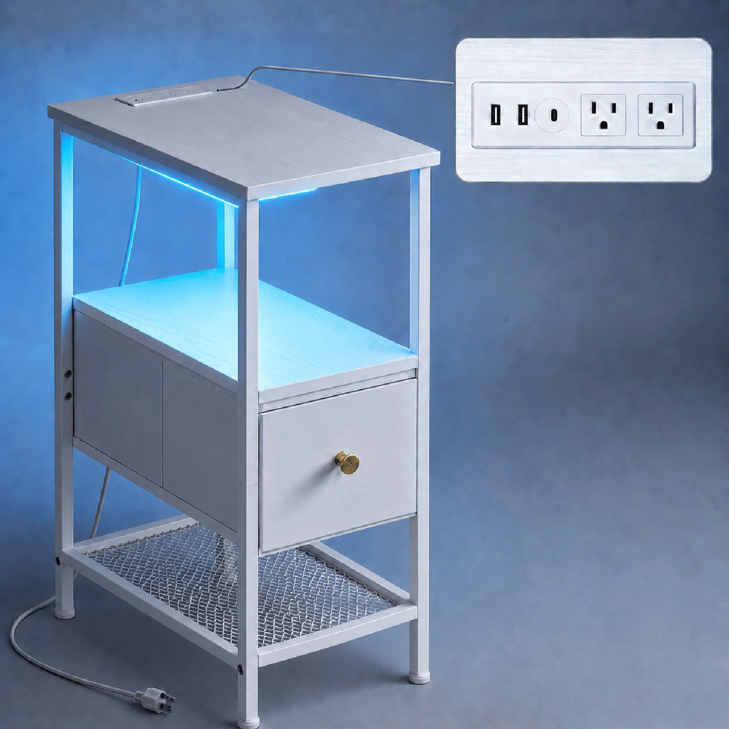 Narrow Nightstand with Charging Station and RGB LED Light, End Table with Fabric Drawer and Mesh Shelf, Steel and Engineered Wood, 26 in H