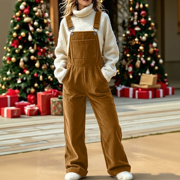 Karymi Overalls for Women, Vintage Solid Corduroy Overalls, Adjustable Strap Wide Leg Jumpsuit with Pockets, Fall Winter Casual Bib Overall Pants