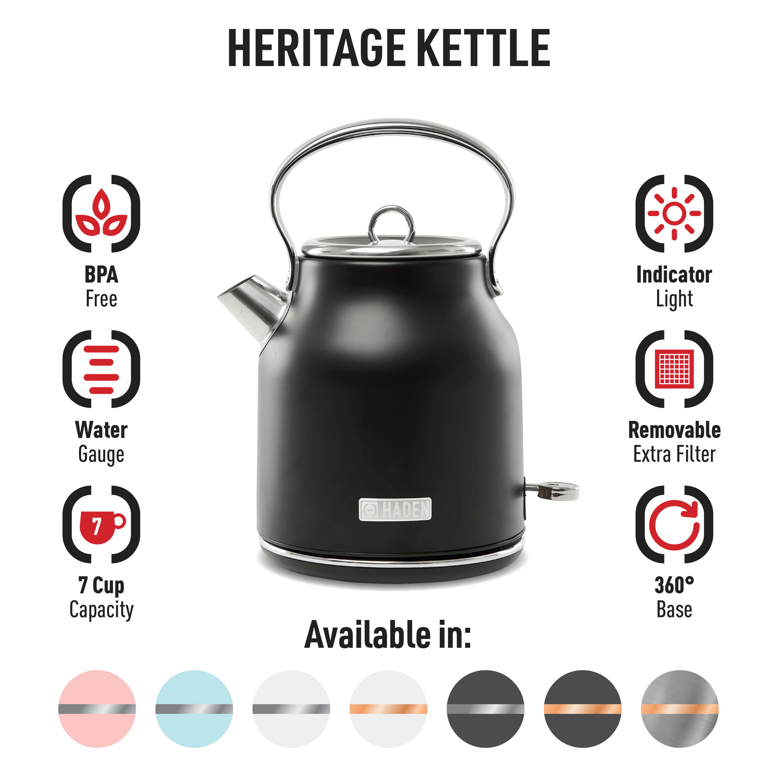 Haden Heritage 1.7 Liter Stainless Steel Electric Tea Kettle, Turquoise -  75004
