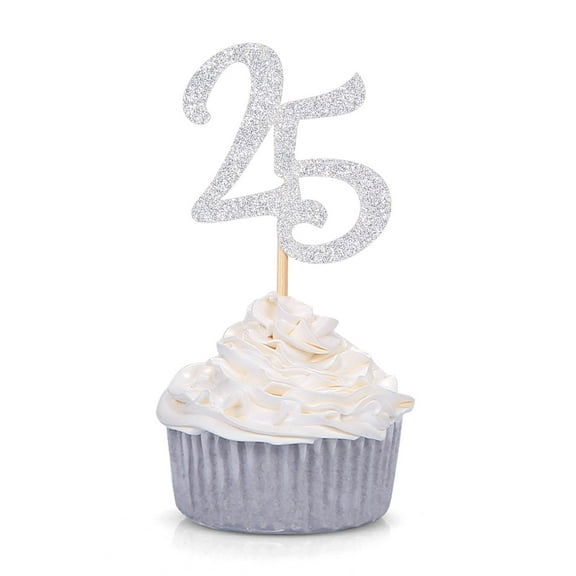 Silver Glitter Number 25 Cupcake Toppers, 12 Pack 25th Birthday or Anniversary Picks, Silver Jubilee Celebration Cake Decor Supplies