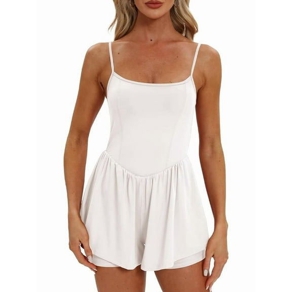 Women'S Summer Sleeveless Rompers Spaghetti Strap Double Lined Shorts Jumpsuit  Outfits White L