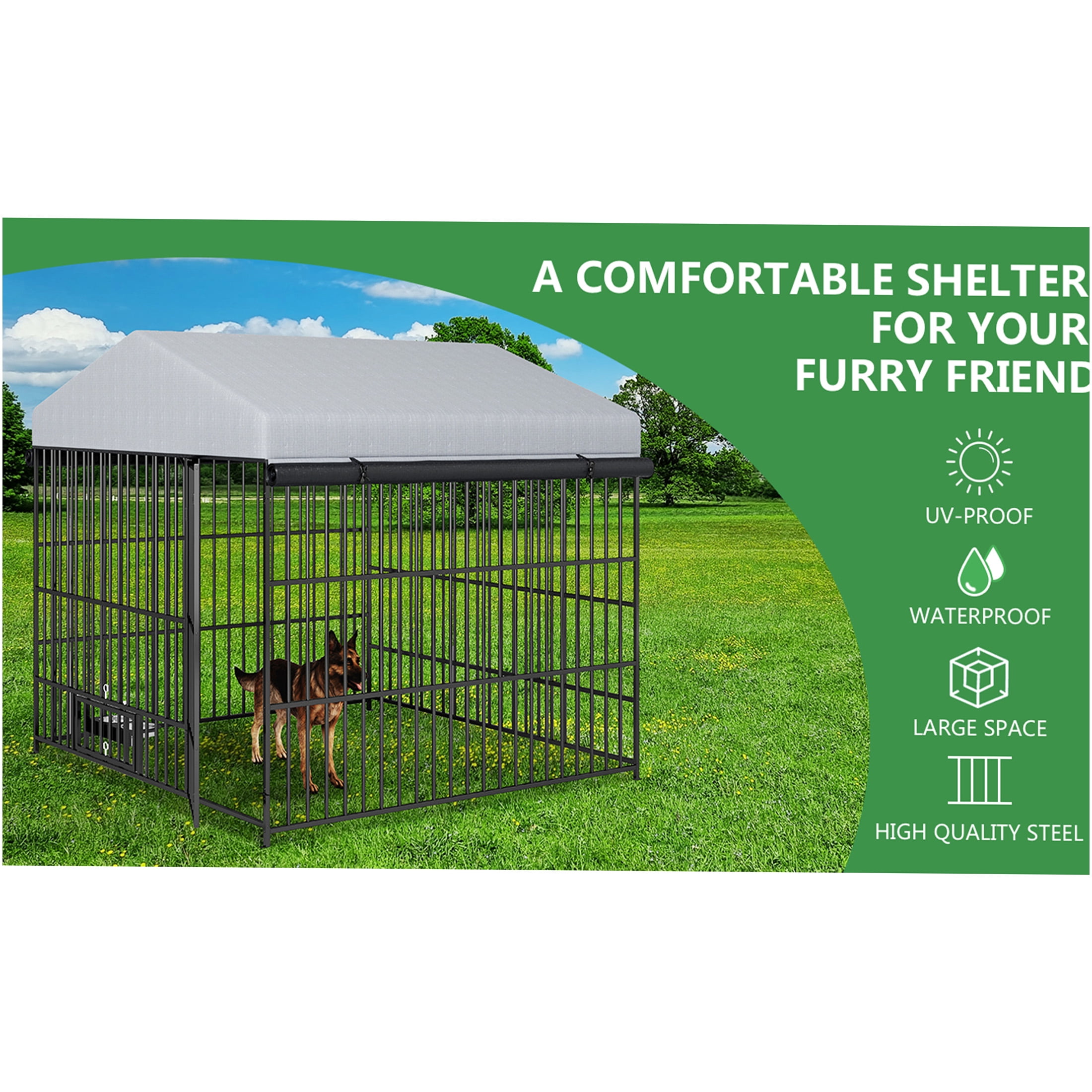 JERFIT 6.6x6.6ft Outdoor Dog Kennel with Roof Cover, Heavy-Duty Iron Pet Playpen, Waterproof & Lockable Dog Run for Large Dogs
