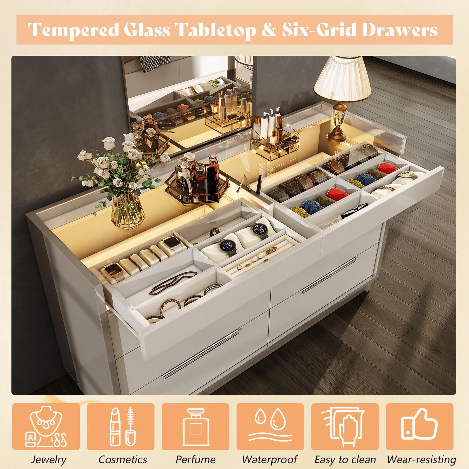 Papajet 47.2" W 8 Drawer Dresser with LED Light & Glass Top, Modern Storage Chest with 2 Jewelry Drawers, Storage Organizer for Bedroom, Cream & Grey