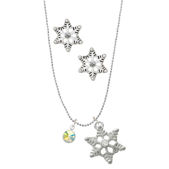 Delight Jewelry Crystal Clear AB Channel Drop Silver tone Snowflake Charm Necklace and Stud Earrings