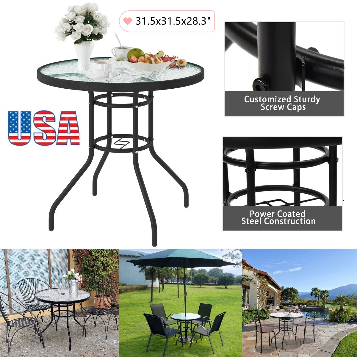 Goorabbit Outdoor Glass Table 32" Round Outdoor Dining Table Outdoor