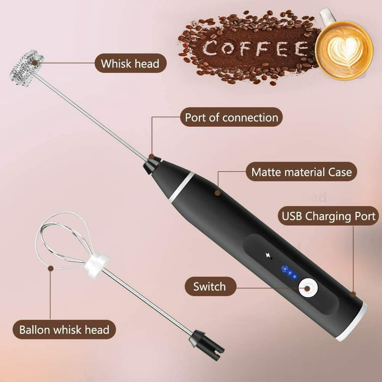 Lngoor Electric Milk Frother Handheld 3 Speed Rechargeable Drink Mixer Foam Maker with 3 Portable Whisks for Coffee, Cappuccino, Matcha, Egg Whisk