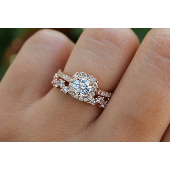 Bluebell Jewels 14K Rose Gold Finish Round Cut Cubic Zirconia Wedding Bridal Ring Set