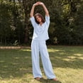 thumbnail image 5 of Costeam Womens Textured Woven Two Piece Outfit Lapel Collar 3 Quarter Sleeve Pocket Top And Elastic Waist Wide Leg Pants Loose Fit Solid Color Casual Co Ord Set, 5 of 7