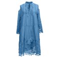 thumbnail image 3 of YDDIAN Women Floral Lace Trim Tassel V-Neck Mini Dress Summer Boho Cold Shoulder 3/4 Sleeve Fringe Hem Swing Flowy Dresses Blue M, 3 of 5