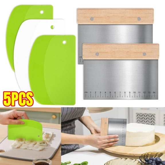 5 Pcs Bench Scraper, Bench scraper kitchen 2 Pcs Stainless Steel Dough Scraper with Wood Handle and 3 Pcs PP Food Scraper with Hanging Hole, Multipurpose Bread Dough Cutter for Baking