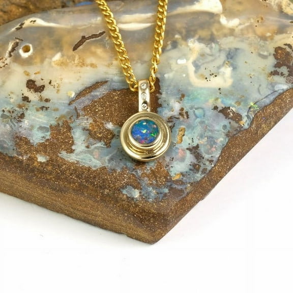 RAINBOW MOUNTAIN 14KT GOLD & DIAMOND NATURAL SOLID AUSTRALIAN OPAL NECKLACE