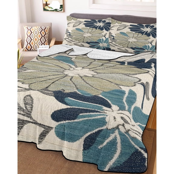 Sage Green Blue Floral Twin Size Down Alternative Comforter, Lightweight Comforter Quilt Bedding Set with Pillow Shams Vintage Beige Botanical All Seasons Bed Comforter Duvet Insert 68"x86"