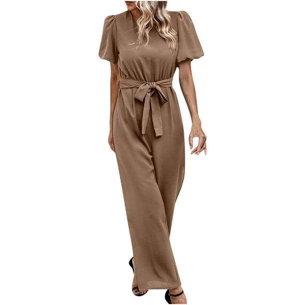 Dressy Jumpsuits for Women Wide Leg Long Rompers Crew Neck Puff